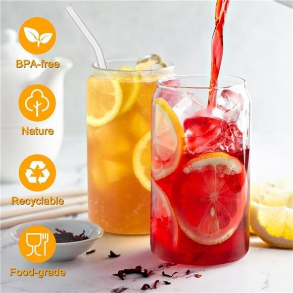 Set of 4 Glass Cups with Bamboo Lids Straws Iced Coffee Tea Cocktail Beer - Picture 5 of 8